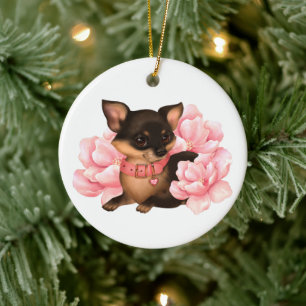 Décoration En Céramique Petit chihuahua mignon chien aux fleurs roses