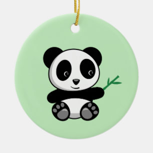 Décoration En Céramique Petit Panda mignonne avec un bâton en bambou vert