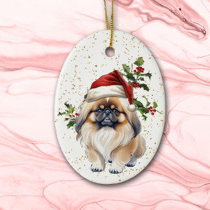 Décoration En Céramique Petit Pekingese Chien Christmas Holly