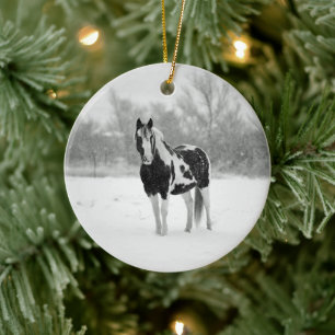 Décoration En Céramique Photo Cheval noir et blanc Neige