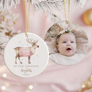 Décoration En Céramique Photo de bébé au premier Noël avec renne à l'aquar