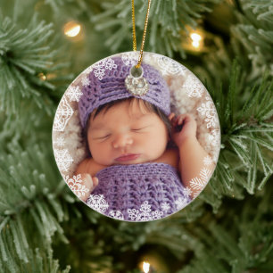 Décoration En Céramique Photo de bébé flocon de neige blanc élégant et nom