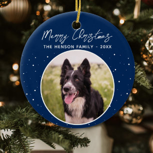 Décoration En Céramique Photo de Border Collie Famille Joyeux Noël Bleu
