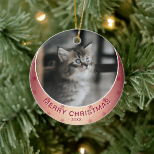 Décoration En Céramique Photo de chat flocon de neige rouge métallisé Noël