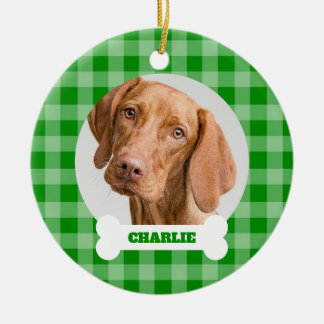 Décoration En Céramique Photo de chien sur os avec plaid vert et nom perso