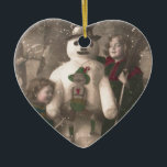 Décoration En Céramique Photo de Christmas Girls et Snowman Vintage<br><div class="desc">A charming antique 1910 French Christmas photo postcard of two pretty,  adorable little girls happily hugging and posing with their solive snowman friend,  as snow flow down upon them. Wishing a Joyeux Noel.</div>
