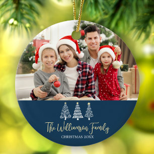 Décoration En Céramique Photo de famille de Noël bleu Arbres fantaisistes 