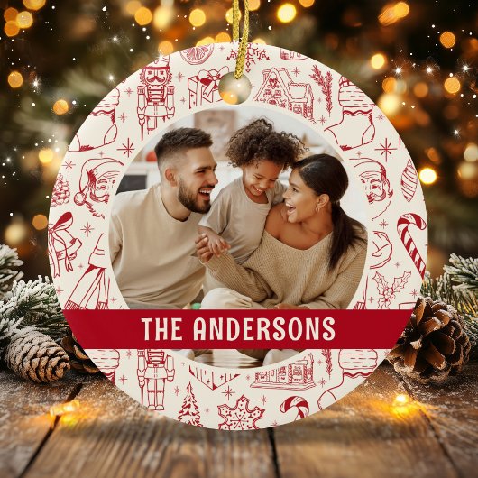 Décoration En Céramique Photo de famille Doodle Rouge Noël