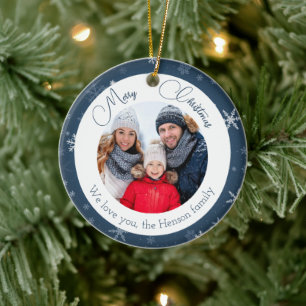 Décoration En Céramique Photo de famille Noël Flocon de neige bleu
