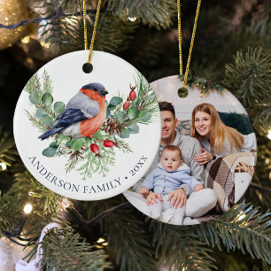 Décoration En Céramique Photo de famille Noël Oiseau d'hiver Bouvreuil 