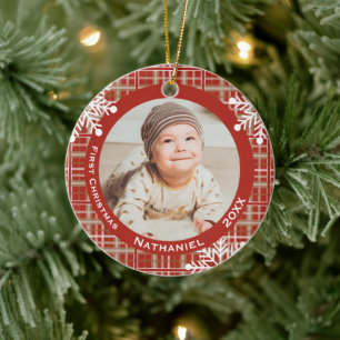 Décoration En Céramique Photo de Noël de bébé avec plaid rouge et flocons