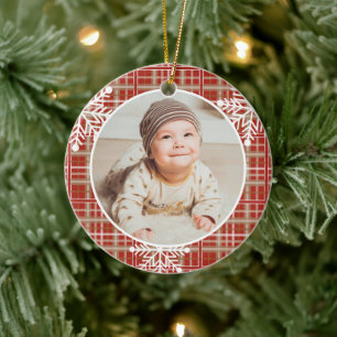 Décoration En Céramique Photo de Noël de bébé avec plaid rouge et flocons