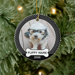 Décoration En Céramique Photo de Noël de chiot à pois noirs