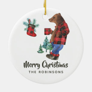 Décoration En Céramique Photo de Noël d'ours bûcheron à carreaux de buffle
