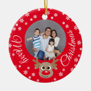 Décoration En Céramique Photo de Noël Rouge Cute Reindeer Blanc Script