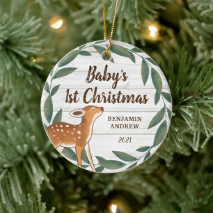 Décoration En Céramique Photo de Rustic Greenery Deer Baby's First Christm