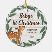 Décoration En Céramique Photo de Rustic Greenery Deer Baby's First Christm (Devant)
