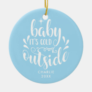 Décoration En Céramique Photo du premier Noël de bébé garçon bleu