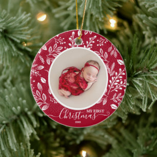 Décoration En Céramique Photo du premier Noël de bébé sur canneberge