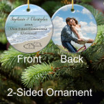 Décoration En Céramique Photo On Back First Christmas Engaged Beach Hearts<br><div class="desc">Add your favorite color photo on back! Celebrate your engagement while planning a beach wedding or honeymoon with this keepsake engagement ornament. Interlocking beach wedding hearts drawn in the sand makes an elegant tropical ocean coastal nautical theme wedding, matching set of items. Pretty turquoise water waves crashing on the shore...</div>