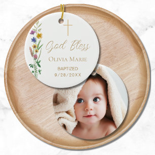 Décoration En Céramique Photo Personnalisée Baptême Religieux Floral