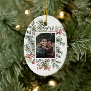 Décoration En Céramique Photo Pine Greenery Holly Red Joyeux Noël