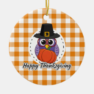 Décoration En Céramique Pilgrim owl on Orange Plaid - Happy Thanksgiving