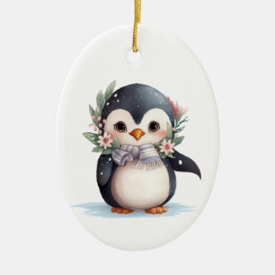 Décoration En Céramique Pingouin mignon avec Écharpe et Holly
