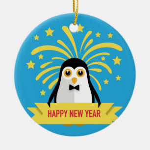 Décoration En Céramique Pingouin mignon Bonne année avec feux d'artifice