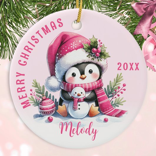 Décoration En Céramique Pink Monogramme Joyeux Pingouin de Noël mignon