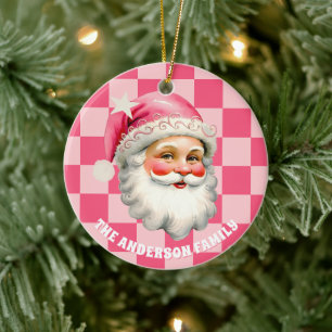 Décoration En Céramique Pink Retro Santa Claus Pink Tartan Plaid Noël