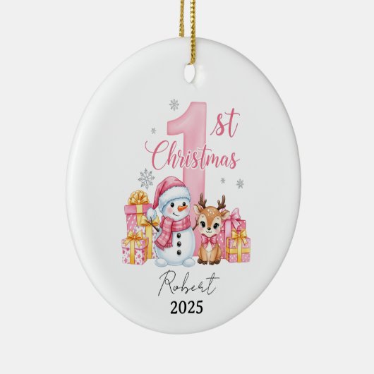 Décoration En Céramique Pink Snowman Baby First Christmas (Droite)