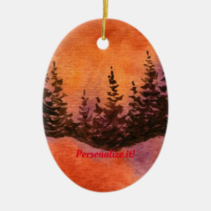 Décoration En Céramique Pins sur une colline au coucher de soleil rouge do