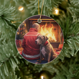 Décoration En Céramique Pitbull Pompier Noël, Cadeau pour Amoureux de les 
