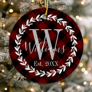 Décoration En Céramique Plaid de Buffalo Monogramme Nom Famille Noël