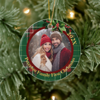 Décoration En Céramique Plaid écossais vert | Notre première photo de Noël