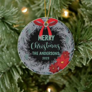 Décoration En Céramique Poinsettia Christmas Wreath Nom de famille et anné