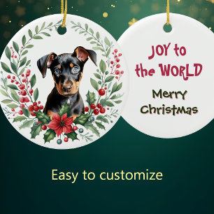 Décoration En Céramique Poinsettia Holly Wreath Doberman Pinscher Puppy