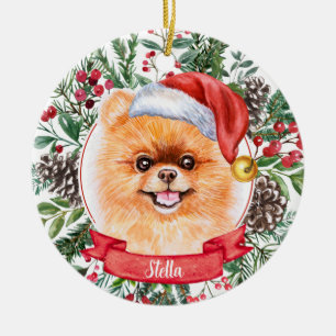 Décoration En Céramique Pomeranian Dog Custom Santa Hat Christmas Ornament