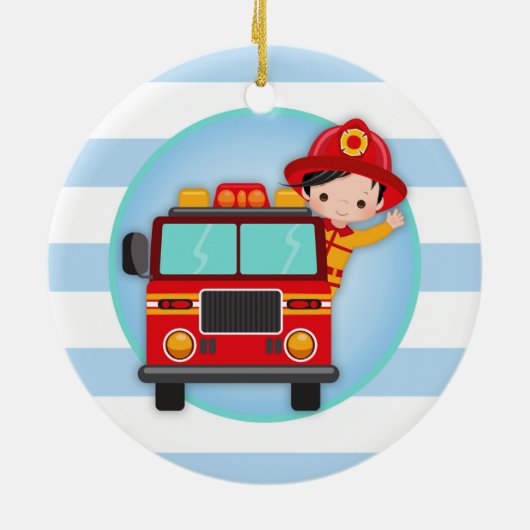 Décoration En Céramique Pompier Camion Pompier Cheveux Noir Garçon (Dos)