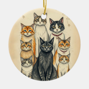 Décoration En Céramique Portrait de famille de chats d'inspiration vintage