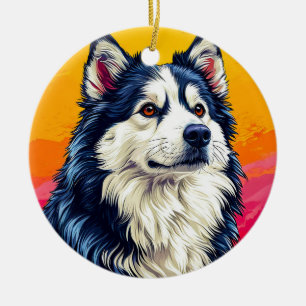 Décoration En Céramique Portrait élégant de Husky avec coucher de soleil v