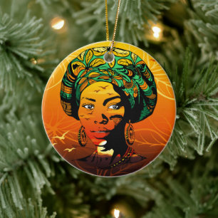 Décoration En Céramique Portrait féminin africain avec coucher de soleil