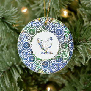 Décoration En Céramique Poulet frileux en bleu et vert