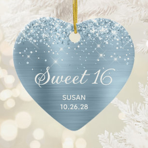 Décoration En Céramique Poussière Pailletée Bleue Feuille Sweet 16 Photo