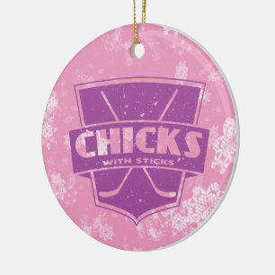 Décoration En Céramique Poussins avec bâtons Hockey Ornament de Noël