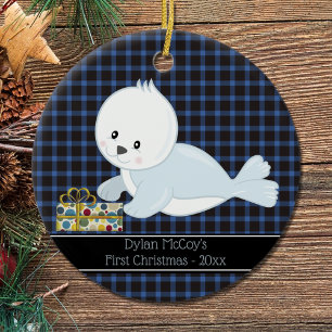 Décoration En Céramique Premier ・ de Noël Seal bébé ・ bleu Plaid