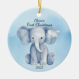 Décoration En Céramique Premier éléphant de Noël bleu personnalisé