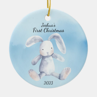 Décoration En Céramique Premier lapin de Noël de bébé bleu personnalisé