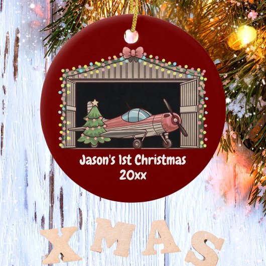 Décoration En Céramique Premier Noël Avion rouge arbre Hangar pilote garço